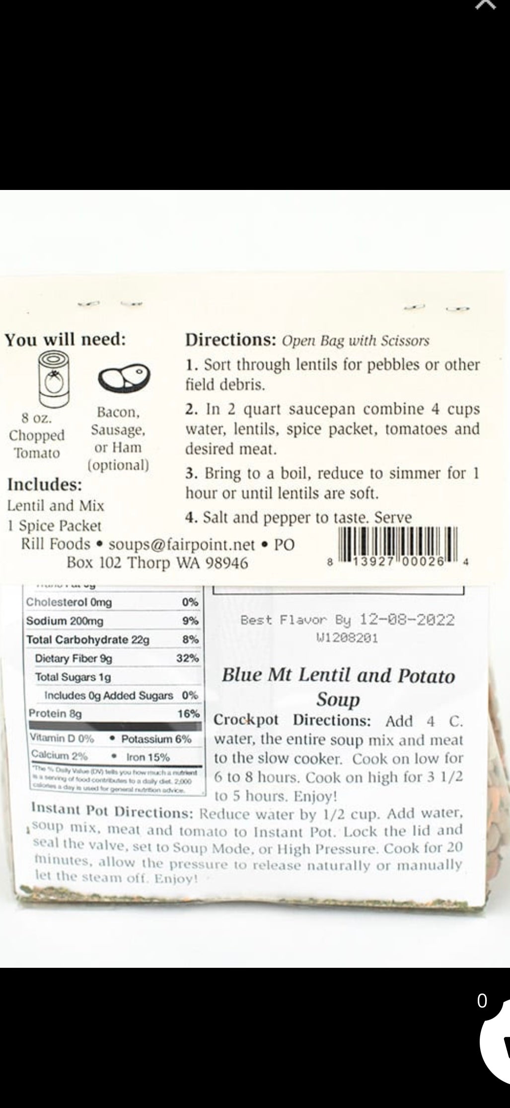 Rill Foods Blue Mountain Lentil and Potato Soup Mix