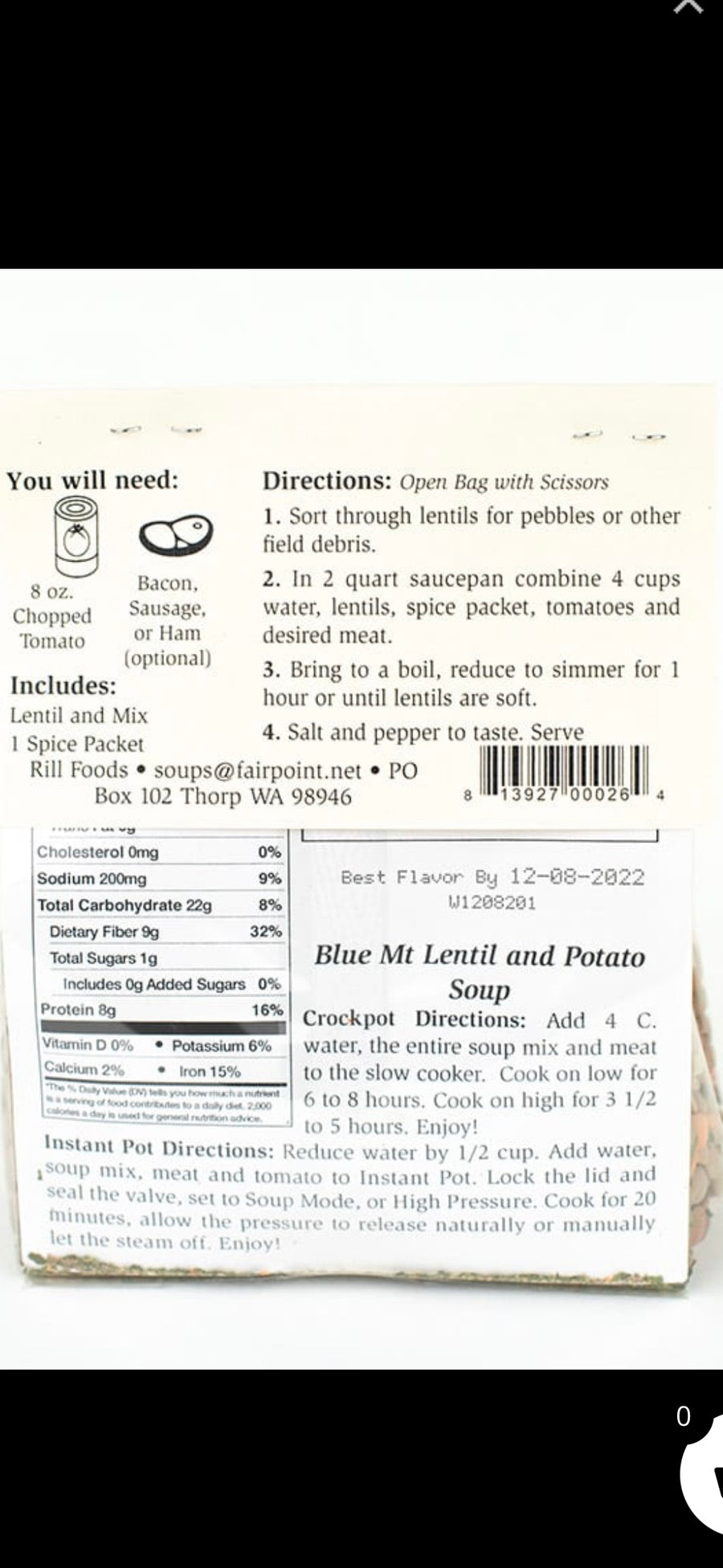 Rill Foods Blue Mountain Lentil and Potato Soup Mix